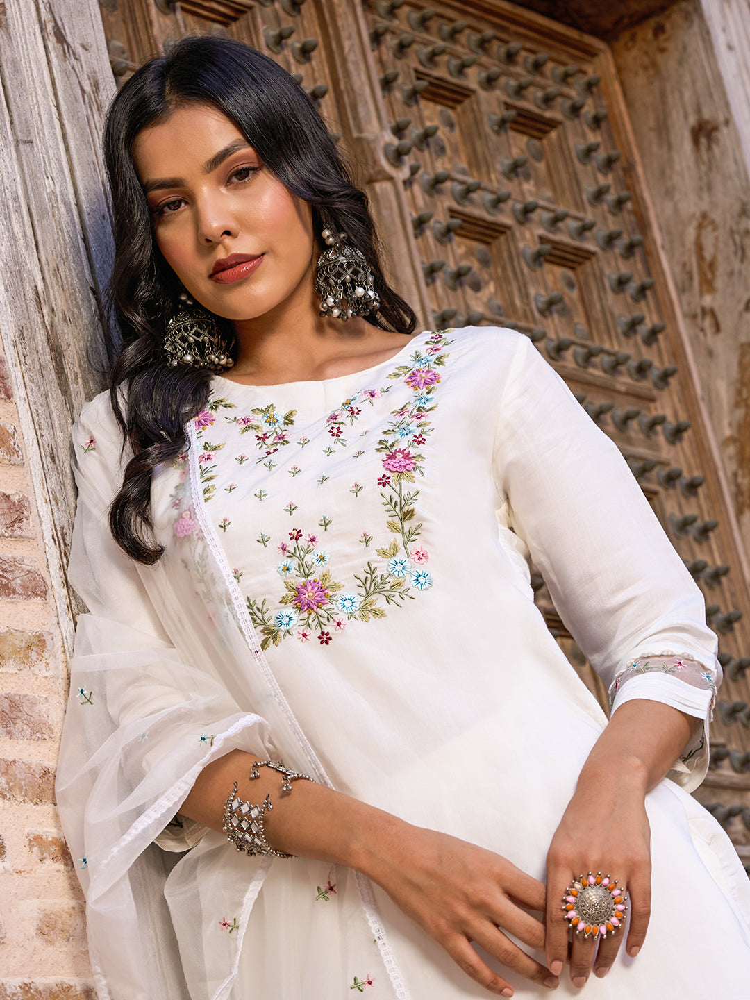 White Chanderi Embroidered Kurti Set with Pant & Dupatta for Women
