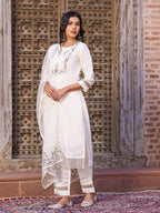 White Chanderi Embroidered Kurti Set with Pant & Dupatta for Women