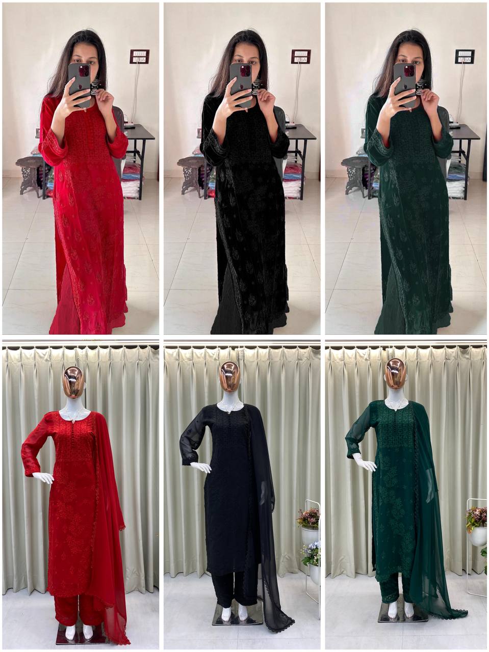 Red Georgette Thread Embroidered Kurti Set with Pant & Dupatta for Women