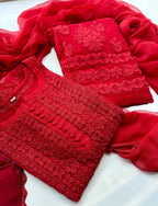 Red Georgette Thread Embroidered Kurti Set with Pant & Dupatta for Women