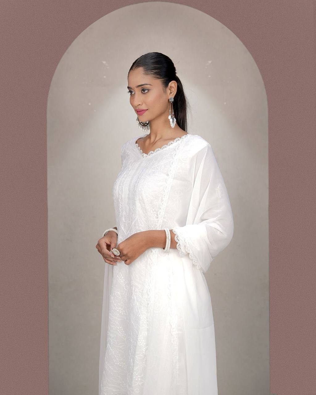White Faux Georgette Thread Embroidered Kurti Set with Pant & Dupatta for Women