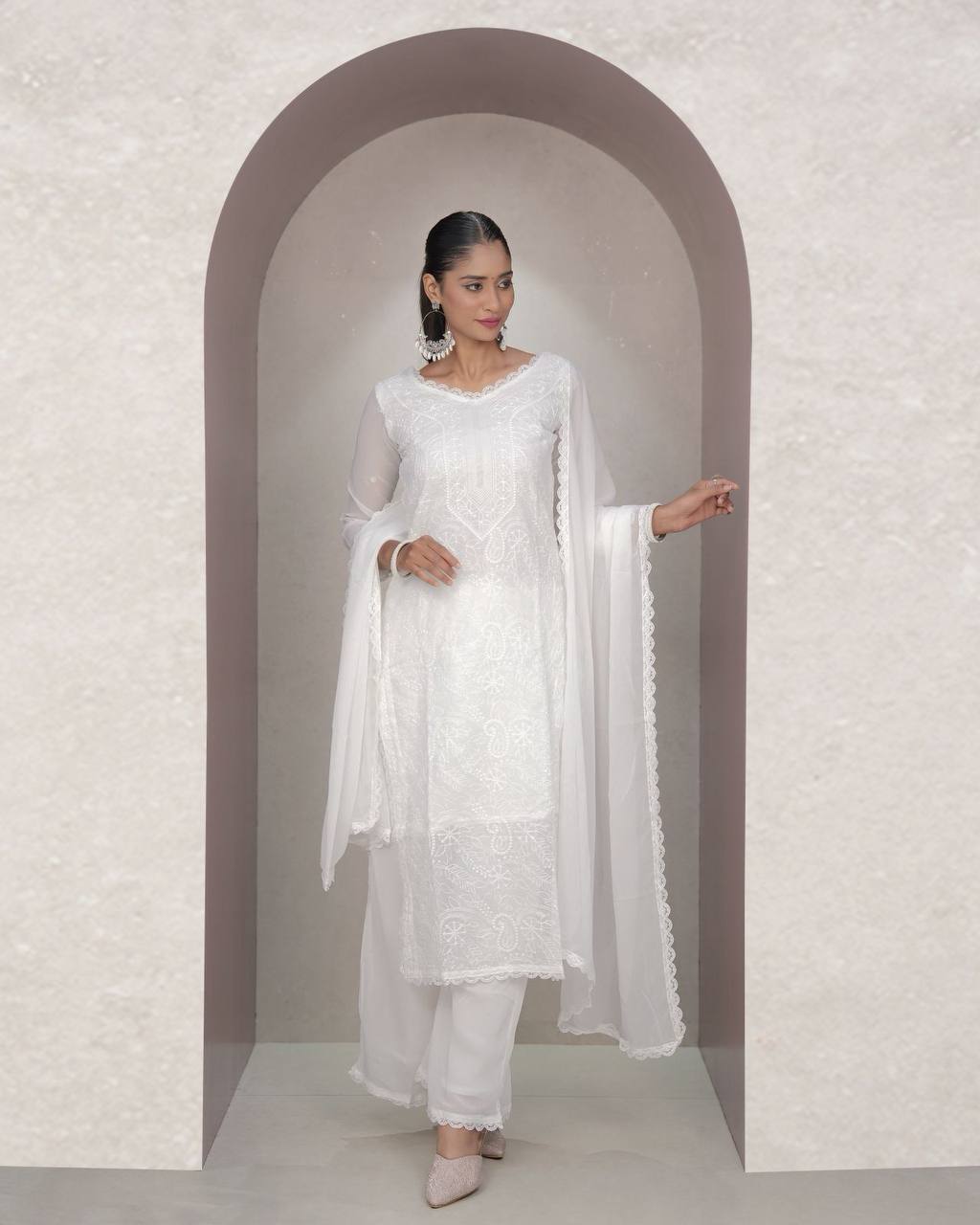White Faux Georgette Thread Embroidered Kurti Set with Pant & Dupatta for Women