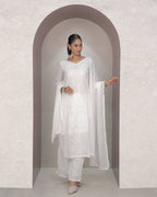 White Faux Georgette Thread Embroidered Kurti Set with Pant & Dupatta for Women