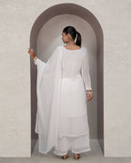 White Faux Georgette Thread Embroidered Kurti Set with Pant & Dupatta for Women