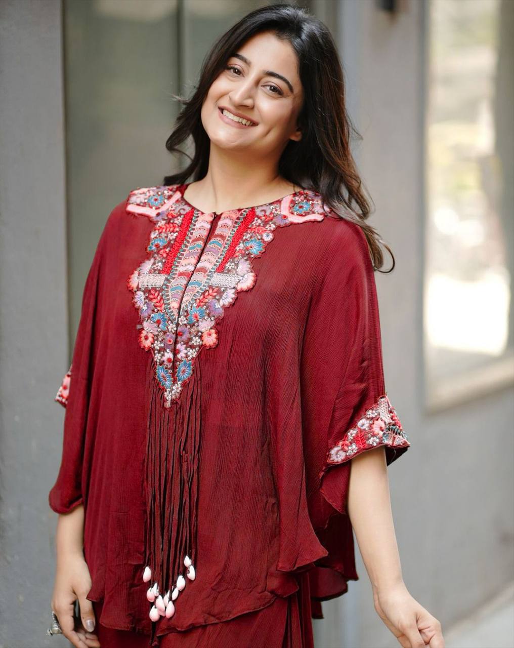 Maroon Chinon Embroidered Top & Palazzo Co-Ord Set for Women