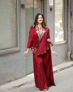 Maroon Chinon Embroidered Top & Palazzo Co-Ord Set for Women