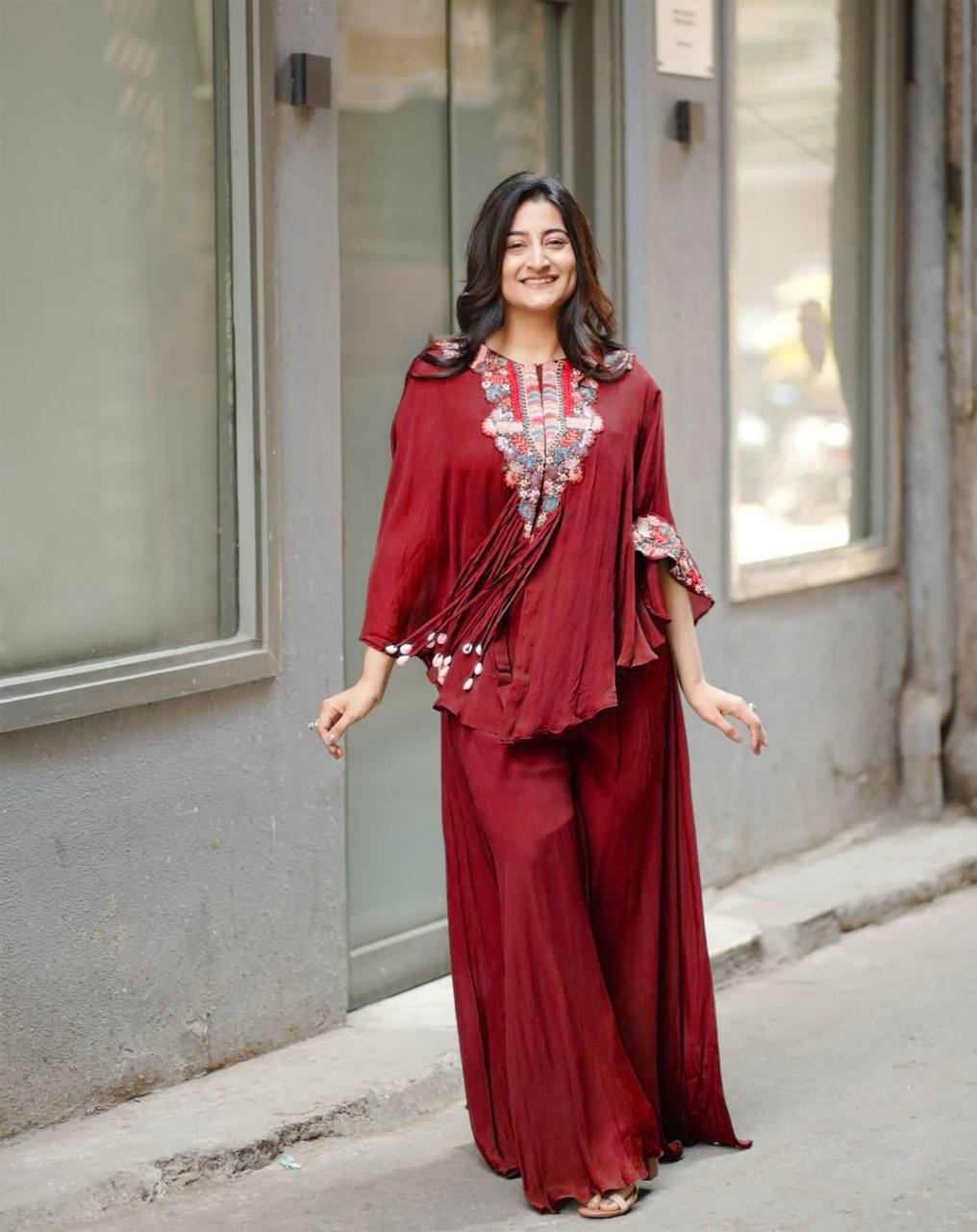 Maroon Chinon Embroidered Top & Palazzo Co-Ord Set for Women