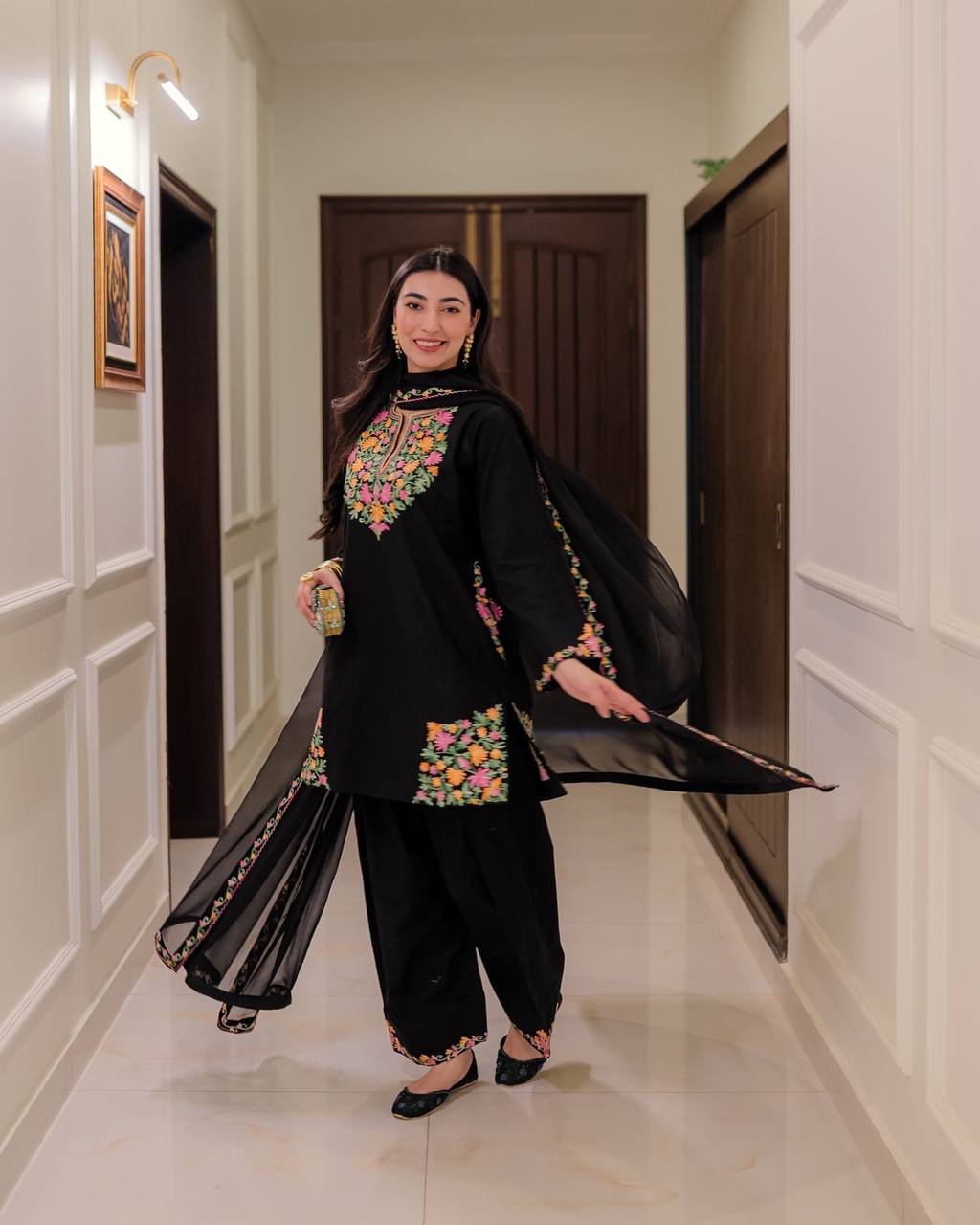 Black Crape Silk Embroidered Top with Palazzo & Dupatta Set for Women