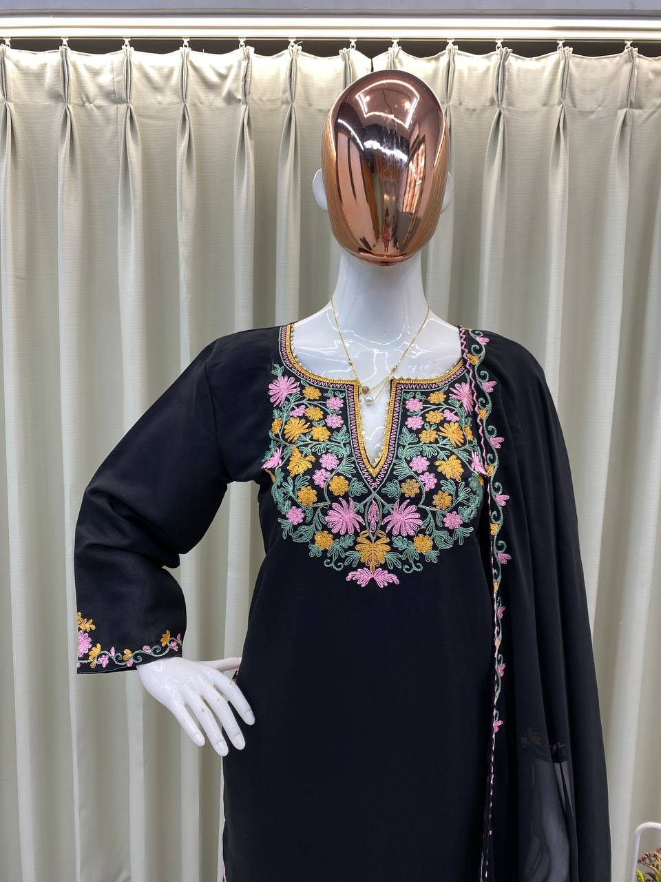 Black Crape Silk Embroidered Top with Palazzo & Dupatta Set for Women