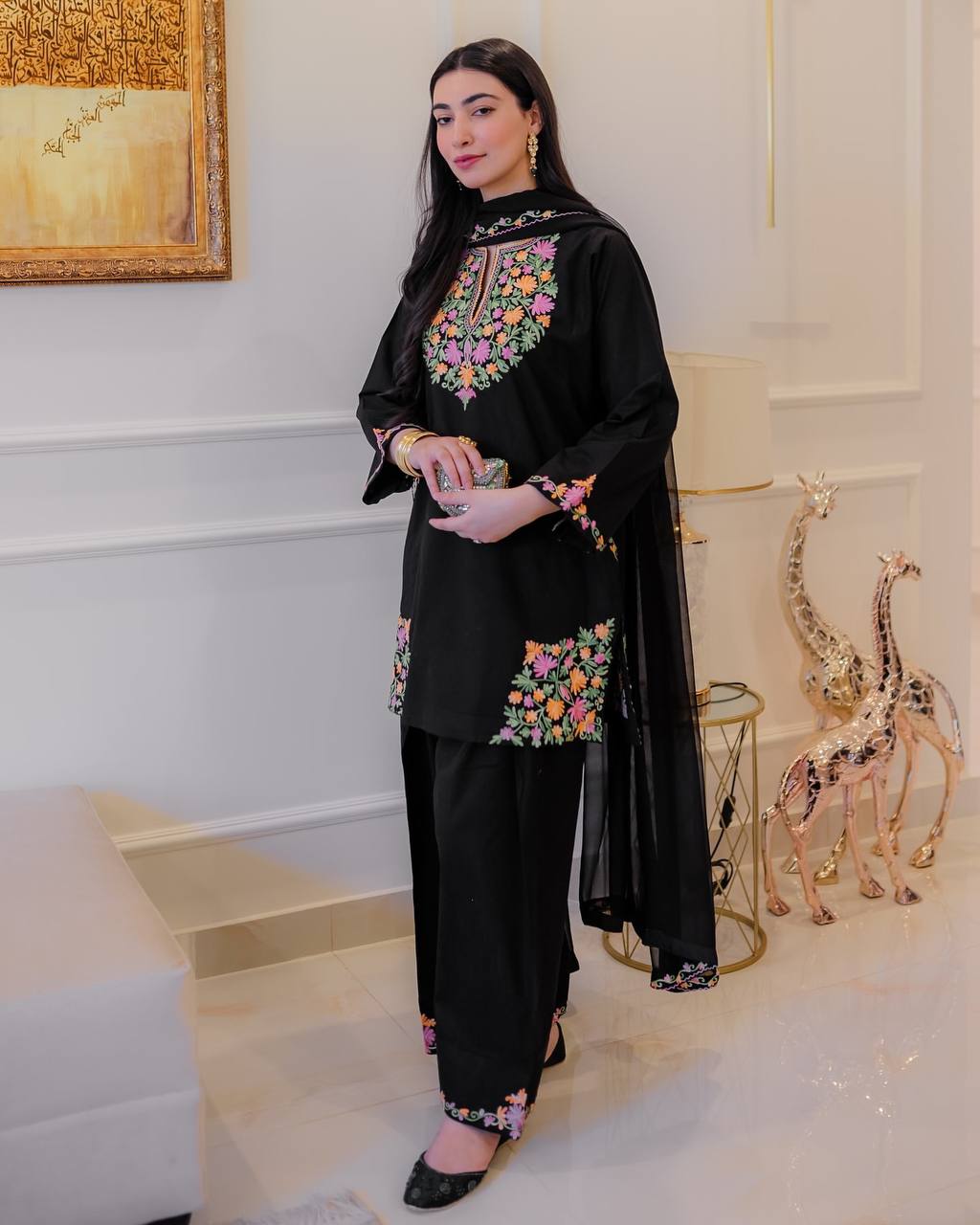 Black Crape Silk Embroidered Top with Palazzo & Dupatta Set for Women