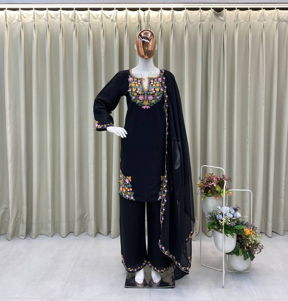 Black Crape Silk Embroidered Top with Palazzo & Dupatta Set for Women