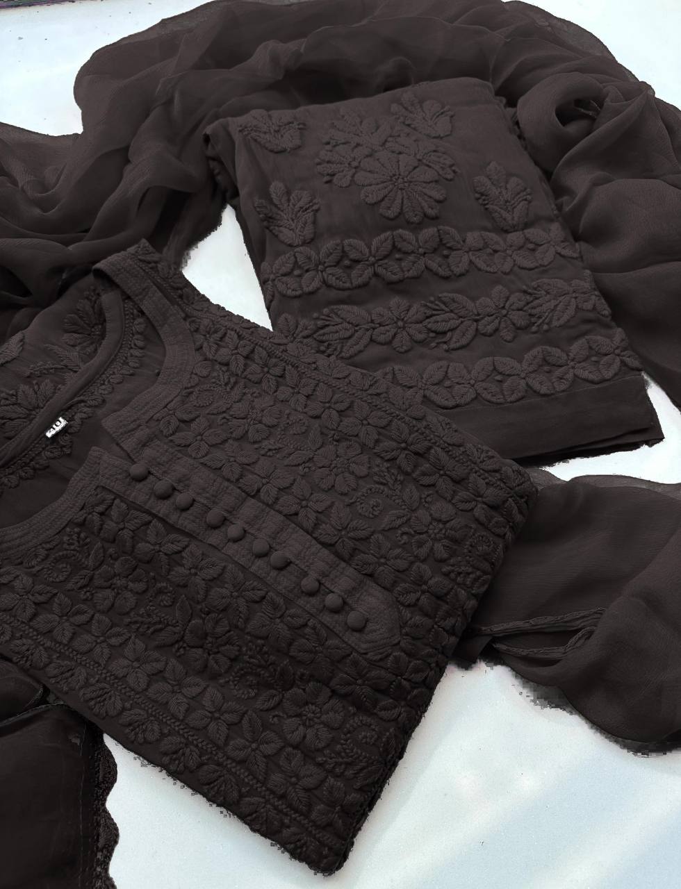 Black Georgette Thread Embroidered Kurti Set with Pant & Dupatta for Women