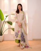 Olive Green Floral Printed Salwar Set with Kurta, Pant & Dupatta for Women