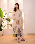 Olive Green Floral Printed Salwar Set with Kurta, Pant & Dupatta for Women