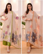 Olive Green Floral Printed Salwar Set with Kurta, Pant & Dupatta for Women