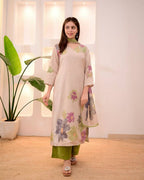 Olive Green Floral Printed Salwar Set with Kurta, Pant & Dupatta for Women