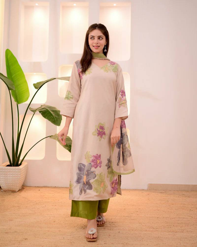 Olive Green Floral Printed Salwar Set with Kurta, Pant & Dupatta for Women