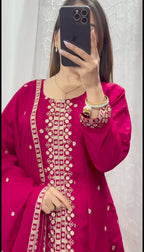 Maroon Chinon Embroidered Kurti Set with Pant & Dupatta for Women