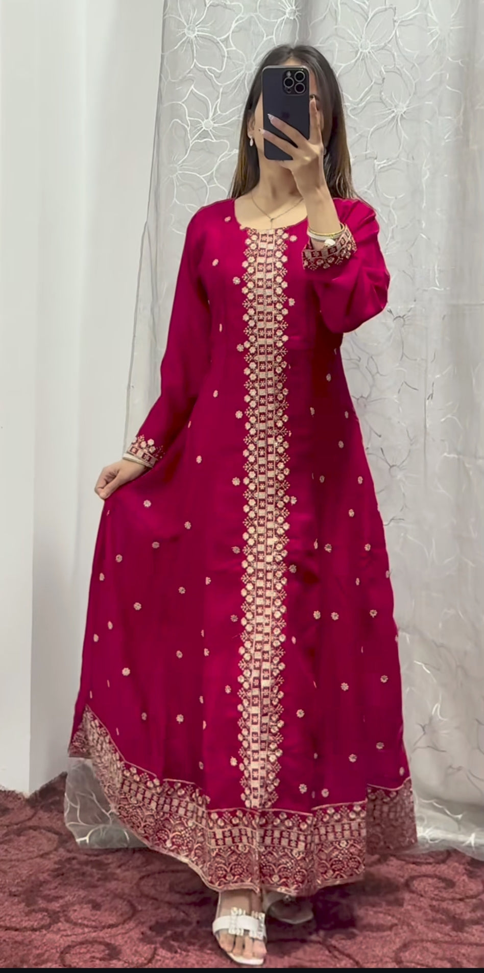 Maroon Chinon Embroidered Kurti Set with Pant & Dupatta for Women