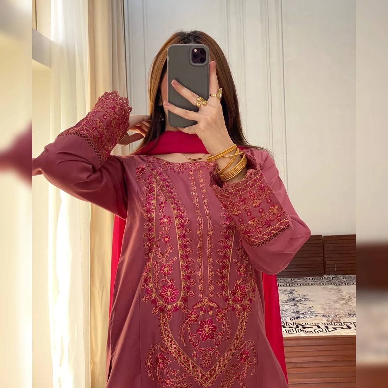 Rust Red Roman Silk Thread Embroidered Kurti Set with Pant & Dupatta for Women