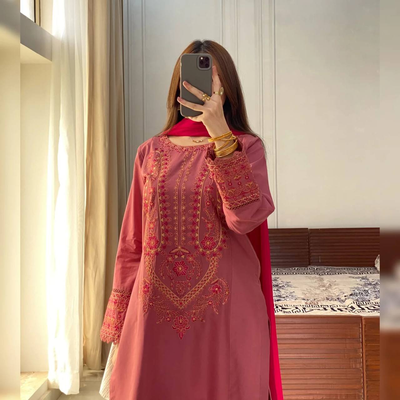 Rust Red Roman Silk Thread Embroidered Kurti Set with Pant & Dupatta for Women