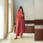 Rust Red Roman Silk Thread Embroidered Kurti Set with Pant & Dupatta for Women