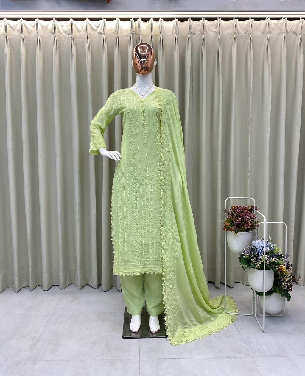 Light Green Chinon Thread Embroidered Kurti Set with Pant & Dupatta for Women
