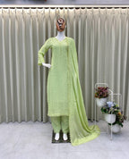 Light Green Chinon Thread Embroidered Kurti Set with Pant & Dupatta for Women