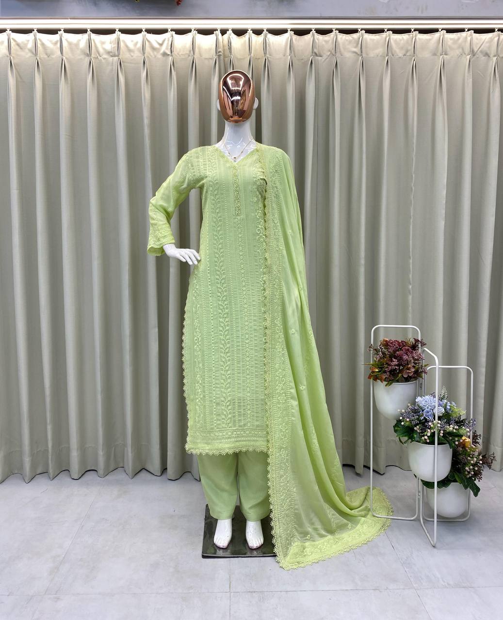 Light Green Chinon Thread Embroidered Kurti Set with Pant & Dupatta for Women