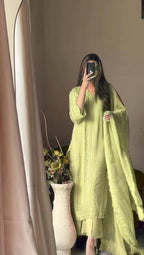 Light Green Chinon Thread Embroidered Kurti Set with Pant & Dupatta for Women