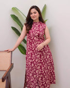Maroon Cotton Floral Printed Kurta Set with Pant for Women