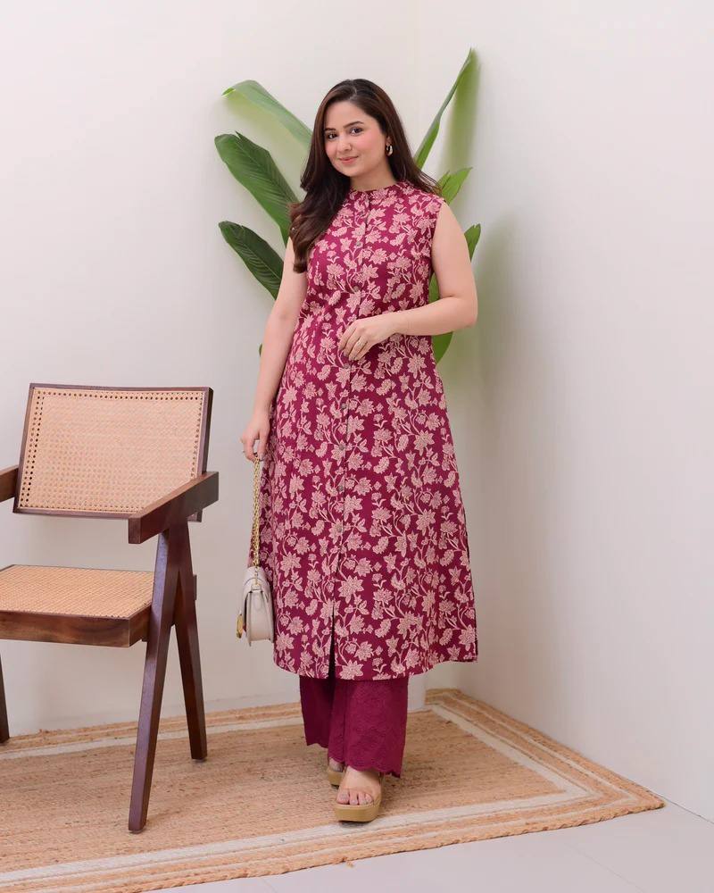 Maroon Cotton Floral Printed Kurta Set with Pant for Women