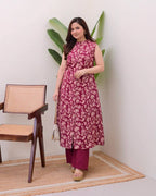 Maroon Cotton Floral Printed Kurta Set with Pant for Women
