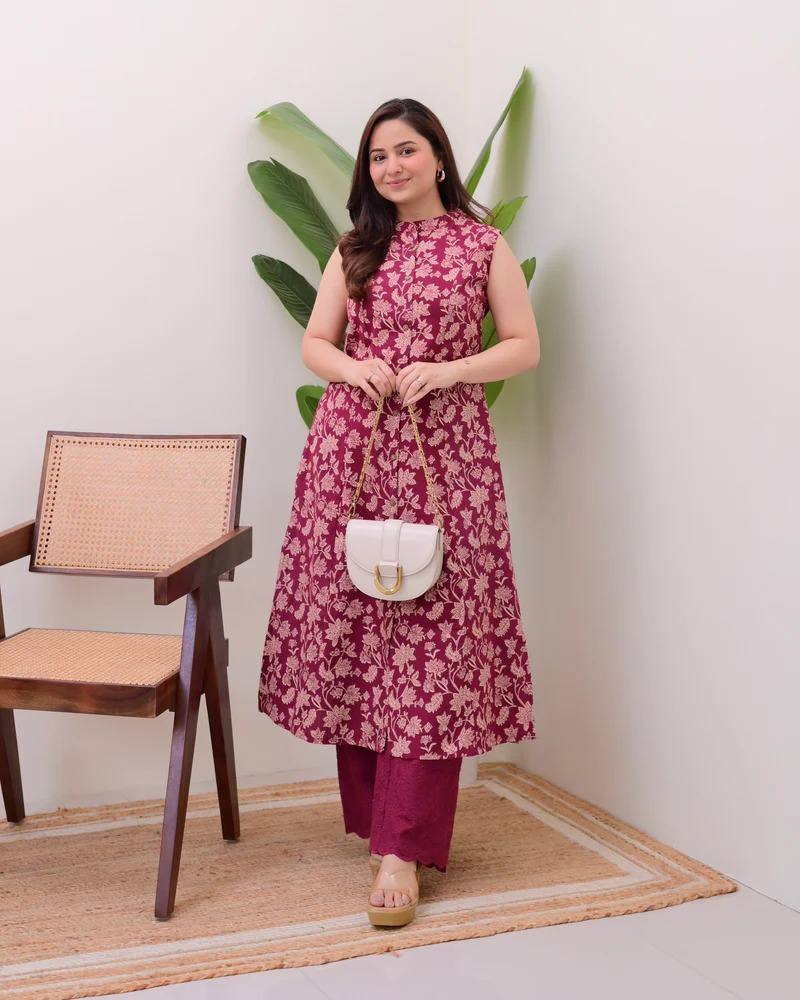 Maroon Cotton Floral Printed Kurta Set with Pant for Women