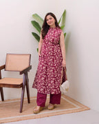 Maroon Cotton Floral Printed Kurta Set with Pant for Women
