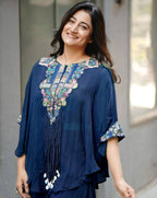 Blue Chinon Embroidered Top & Palazzo Co-Ord Set for Women