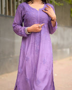 Lavender Rayon Thread Embroidered Kurti Set with Pant for Women