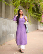 Lavender Rayon Thread Embroidered Kurti Set with Pant for Women