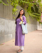Lavender Rayon Thread Embroidered Kurti Set with Pant for Women