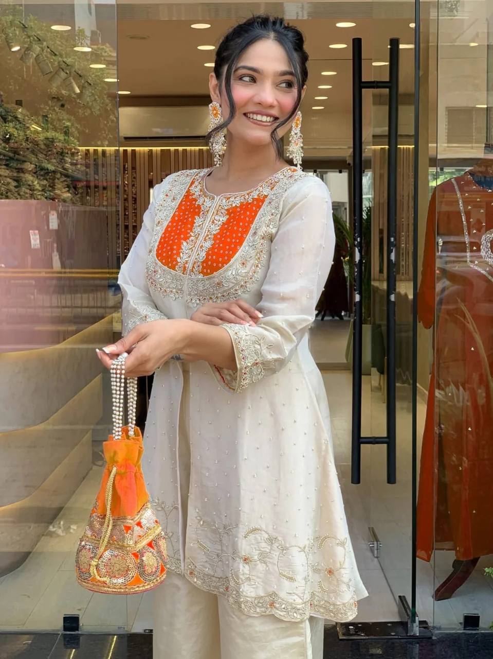 Cream & Orange Roman Silk Embroidered Co-Ord Set for Women
