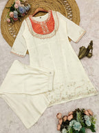 Cream & Orange Roman Silk Embroidered Co-Ord Set for Women