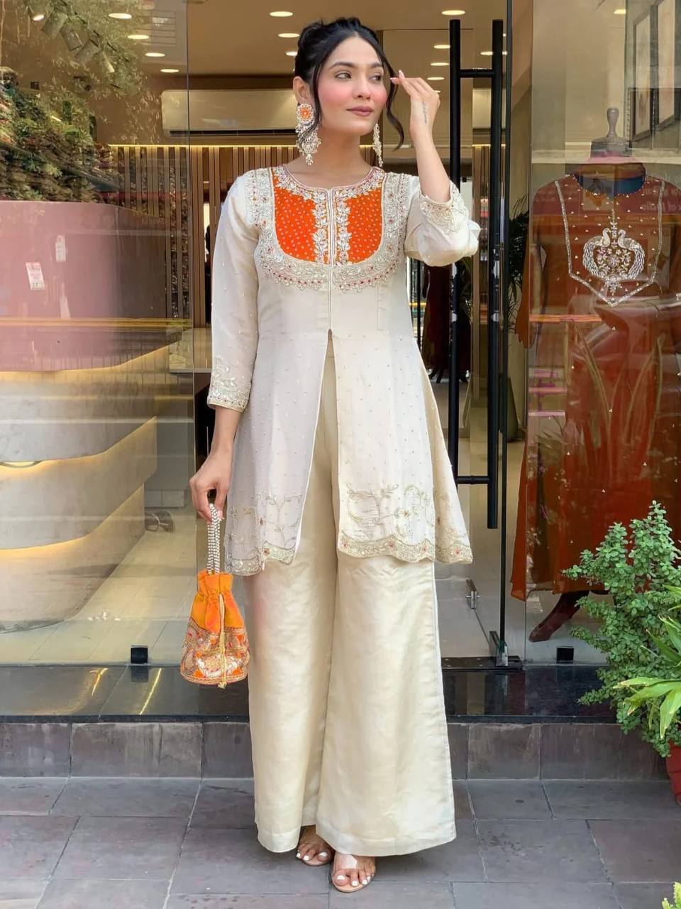 Cream & Orange Roman Silk Embroidered Co-Ord Set for Women