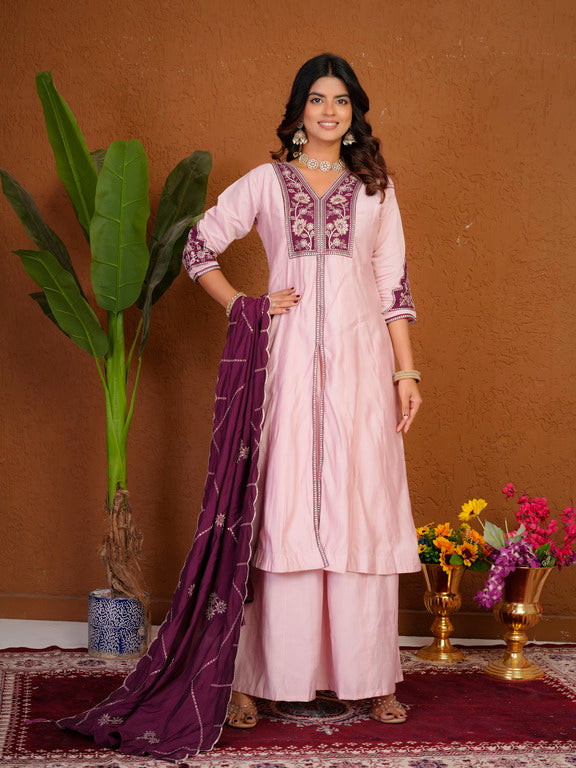 Roman Silk Anarkali Suit Set with Embroidered Dupatta  Hand Work Kurti Palazzo Set