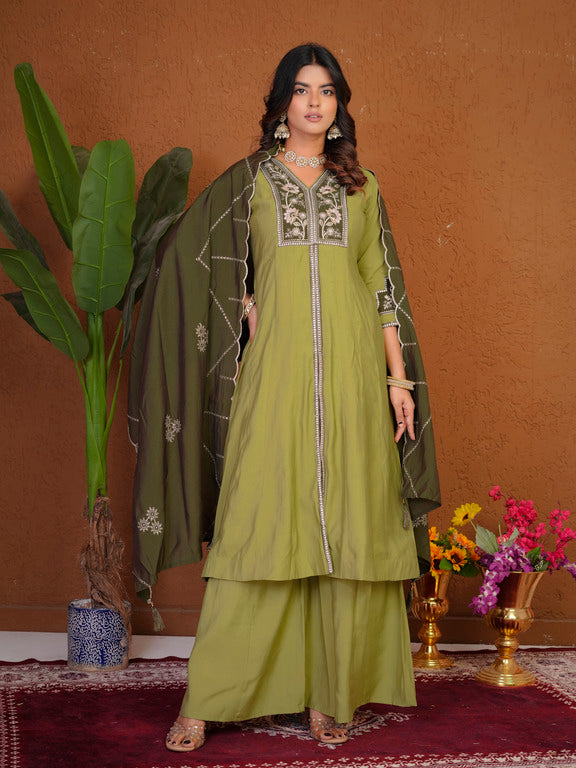 Roman Silk Anarkali Suit Set with Embroidered Dupatta  Hand Work Kurti Palazzo Set