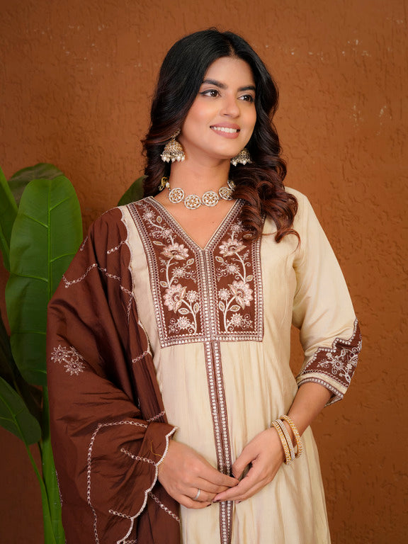 Roman Silk Anarkali Suit Set with Embroidered Dupatta  Hand Work Kurti Palazzo Set