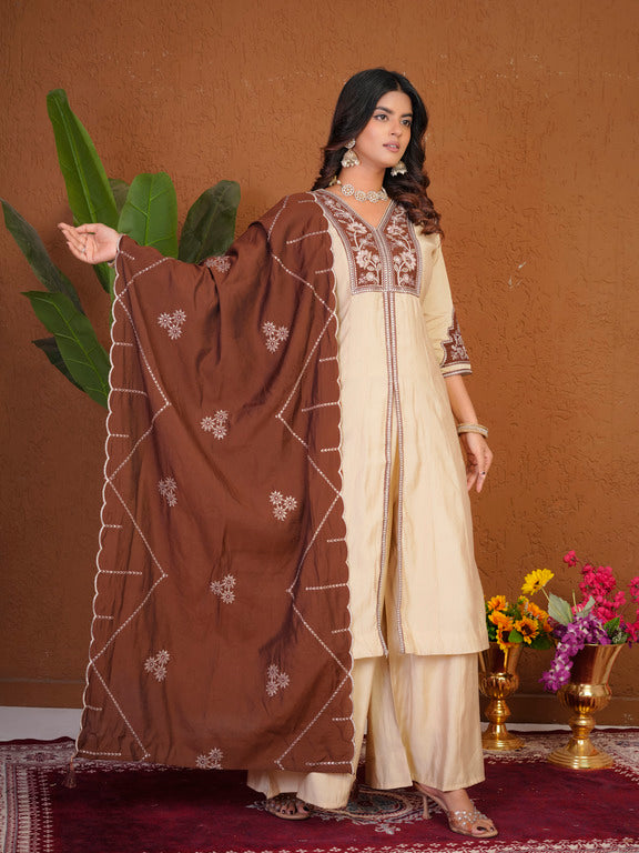 Roman Silk Anarkali Suit Set with Embroidered Dupatta  Hand Work Kurti Palazzo Set