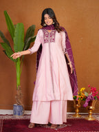 Roman Silk Anarkali Suit Set with Embroidered Dupatta  Hand Work Kurti Palazzo Set