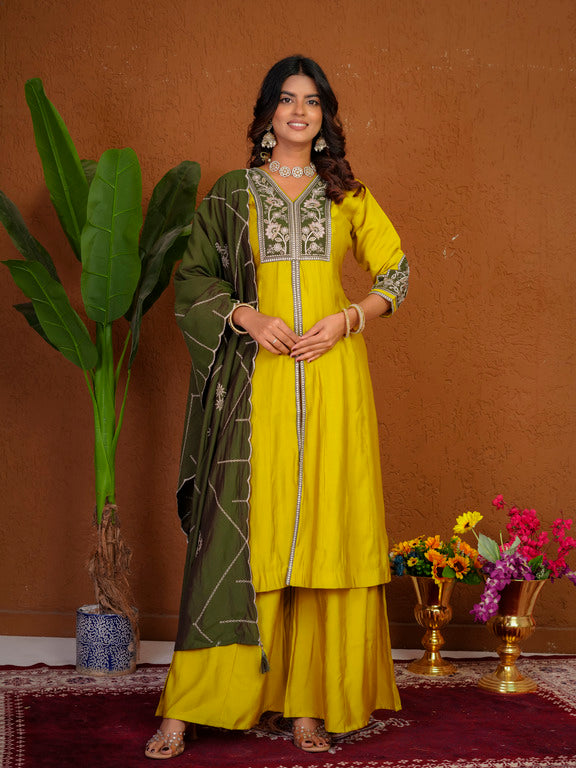 Roman Silk Anarkali Suit Set with Embroidered Dupatta  Hand Work Kurti Palazzo Set