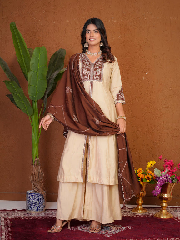 Roman Silk Anarkali Suit Set with Embroidered Dupatta  Hand Work Kurti Palazzo Set