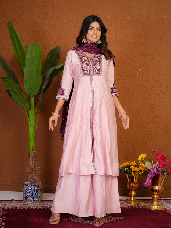 Roman Silk Anarkali Suit Set with Embroidered Dupatta  Hand Work Kurti Palazzo Set
